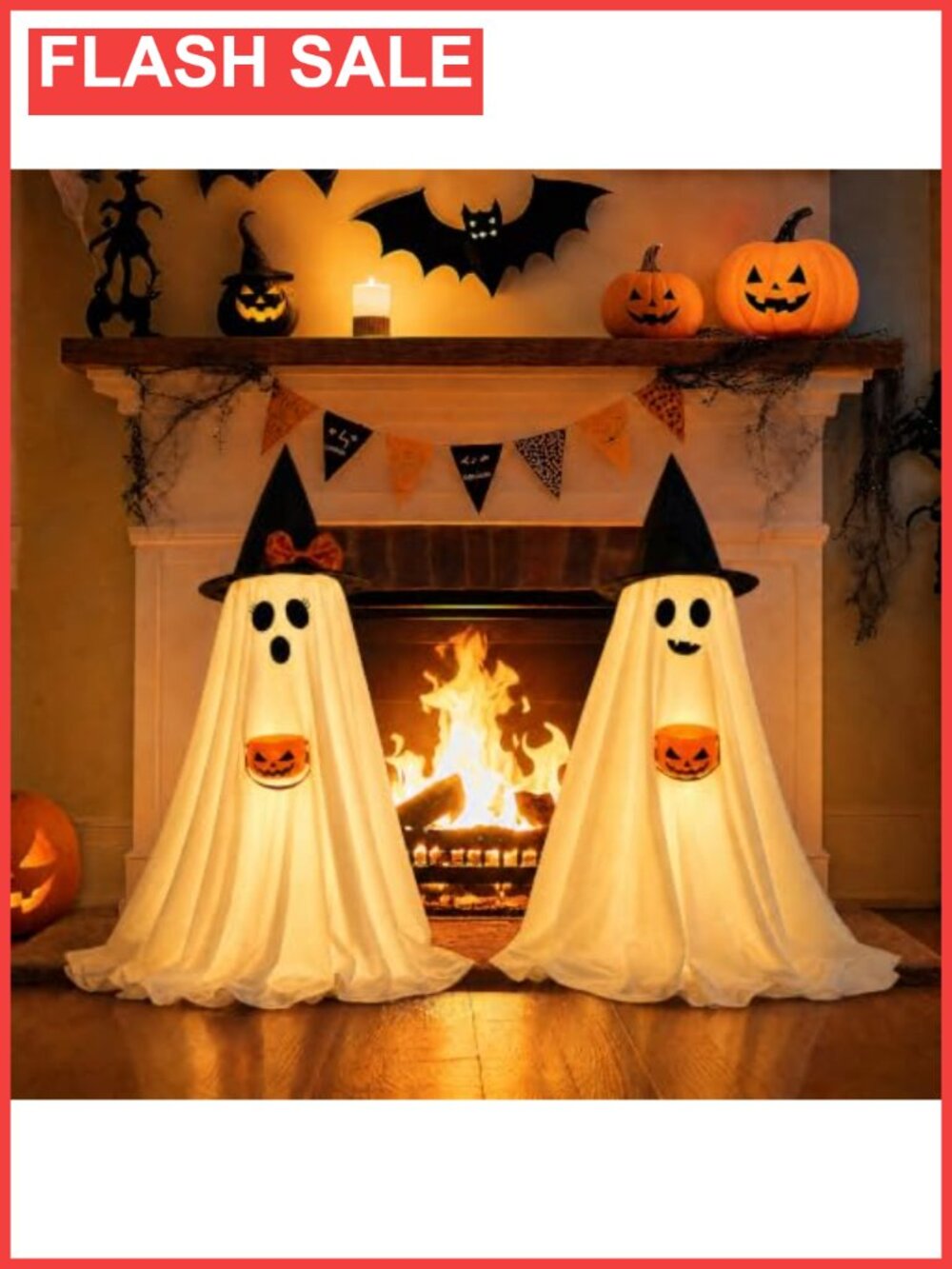 2 Pack Lighted Ghost Halloween Decorations with Witch Hats & Pumpkin Buckets